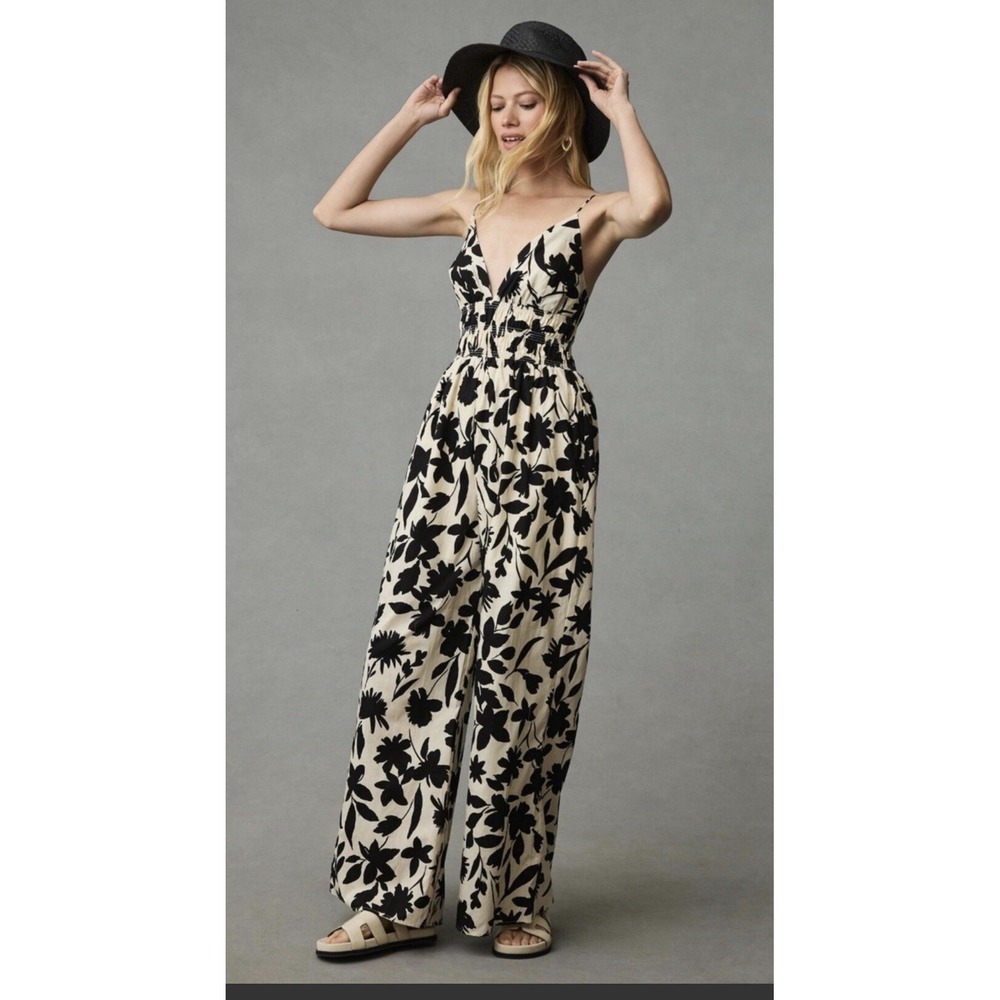 Anthropologie Black & Cream Floral Wide-Leg Jumpsuit